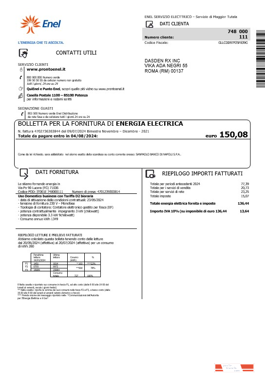 Italy Enel electricity business utility bill template in Word and PDF formats
